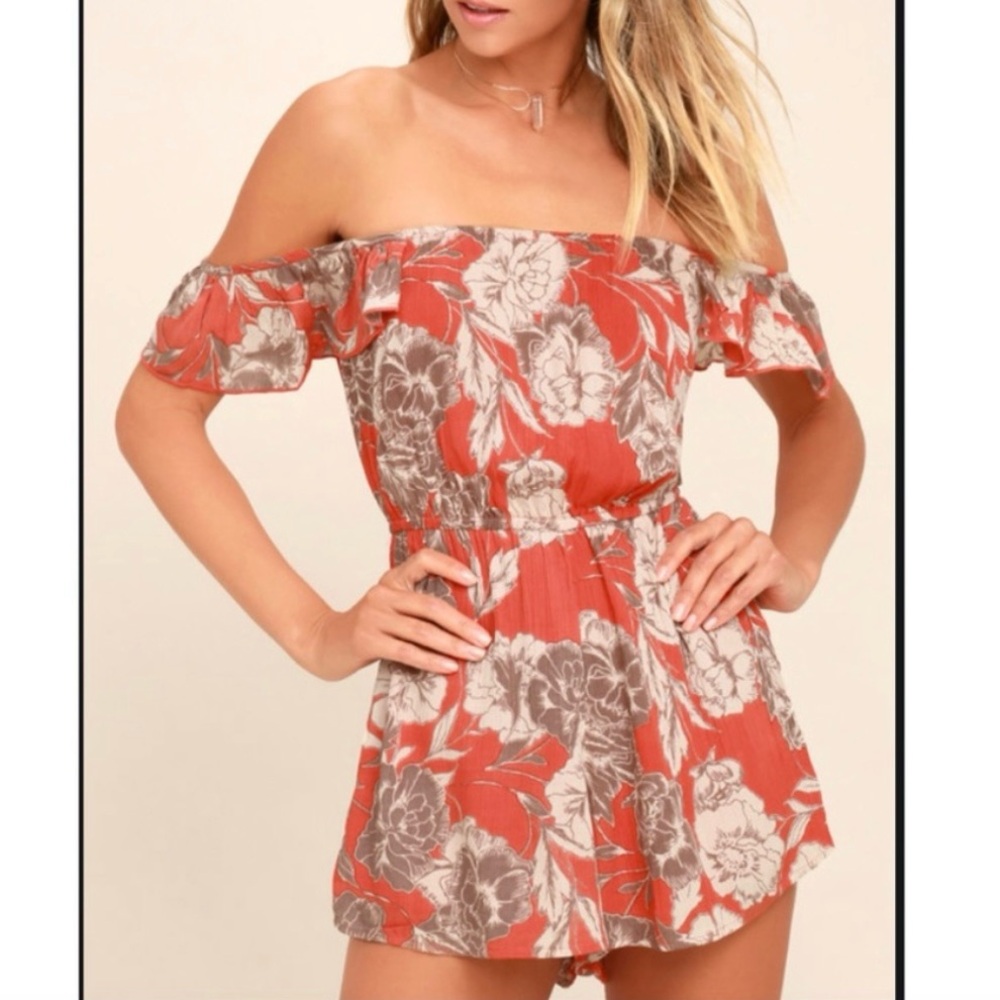 Amuse Society Floral Off-Shoulder Romper - Red and Brown